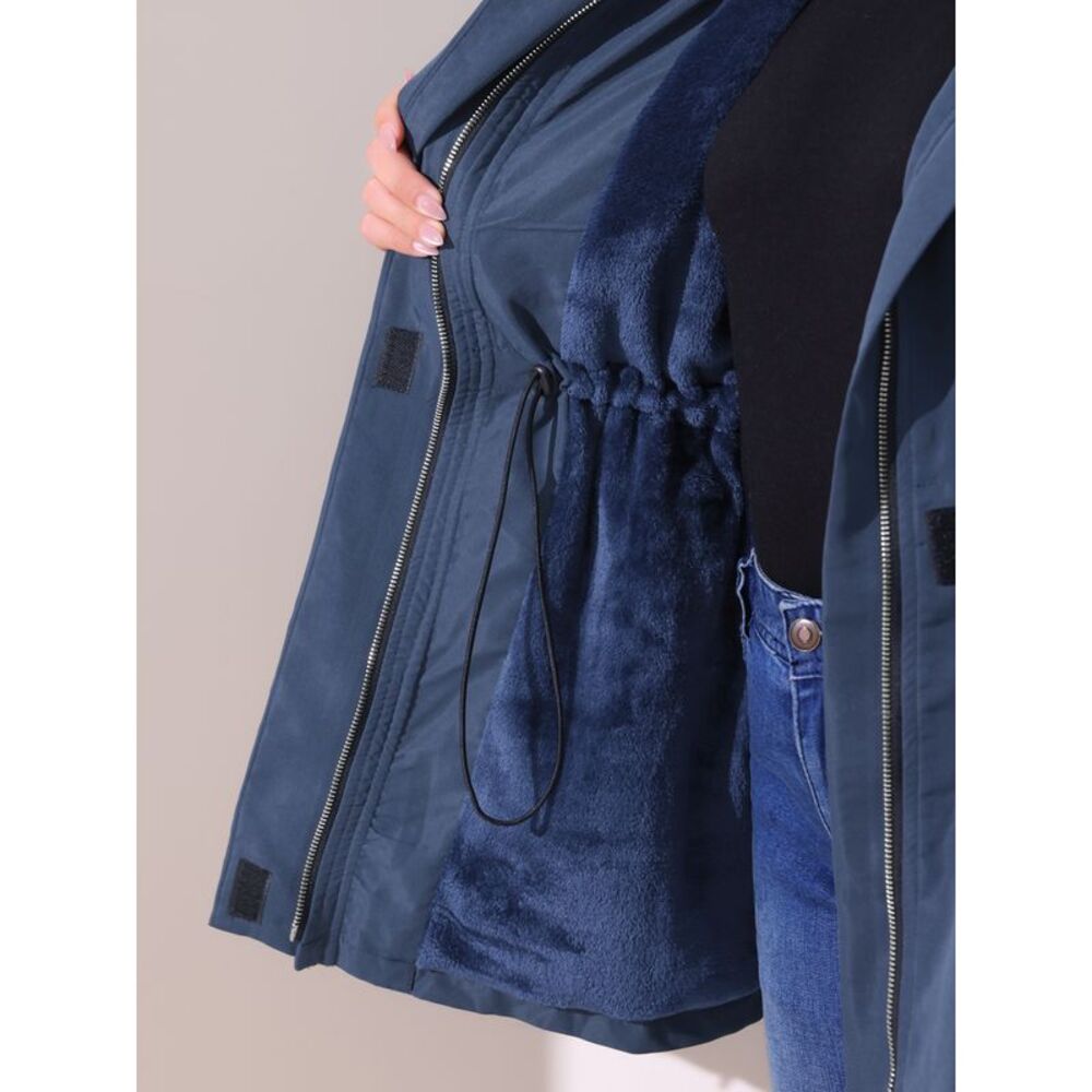 Plus Size Rain Waterproof Fleece Lined Hooded Windbreaker Coat Navy Blue - Picture 5 of 6